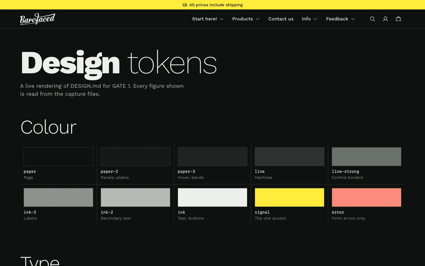 The concept's style guide, titled "Design tokens", in dark mode at desktop width: the ten colour tokens, each named with what it's for.