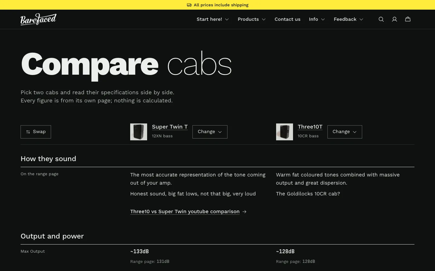 The concept's Compare page in dark mode at desktop width: "Compare cabs", the Super Twin T and the Three10T side by side, how each sounds in Barefaced's words, and their maximum output.