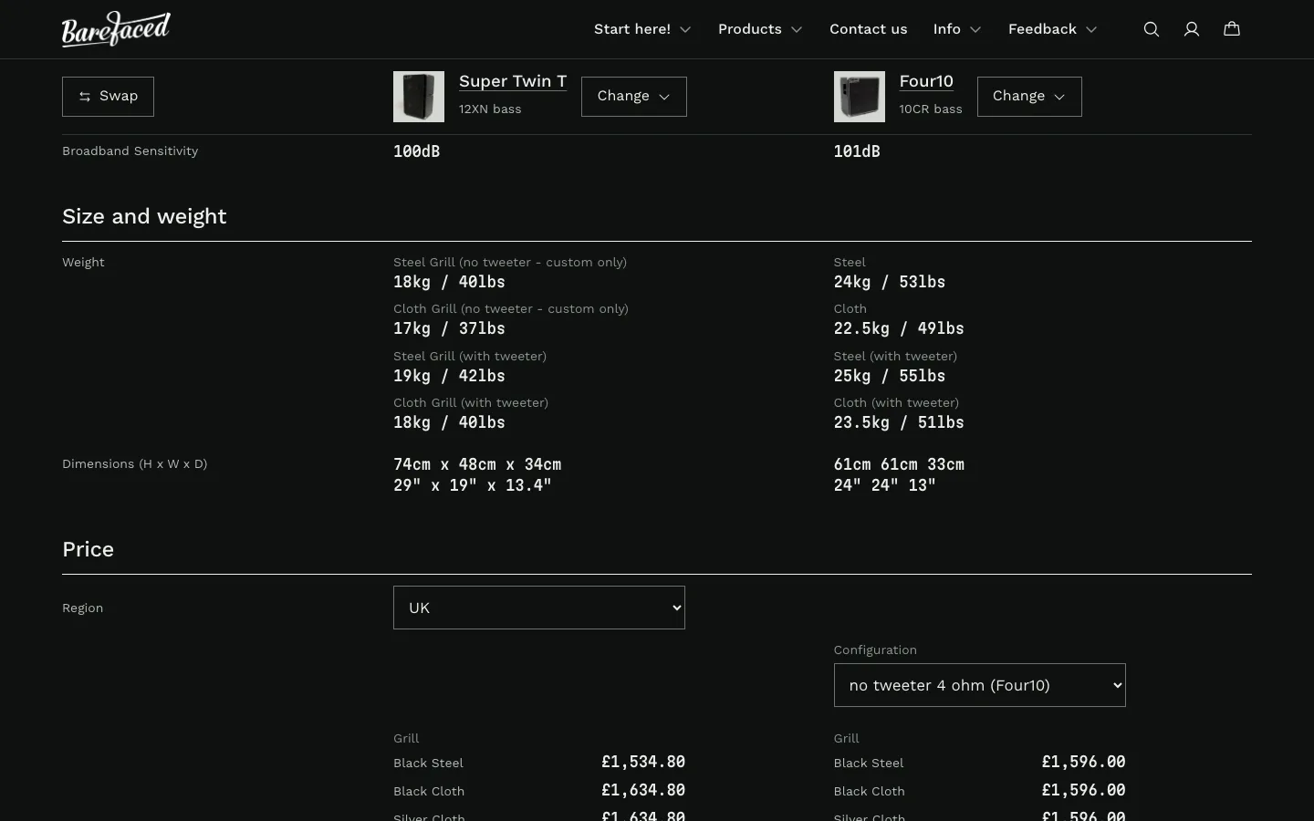 Compare after the fix, in dark mode: one Weight row, each cab's weights under its own labels, and no "Not listed".