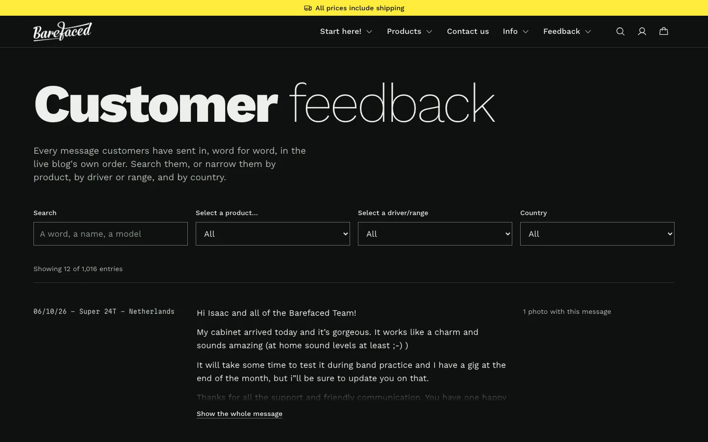 The concept's customer feedback index in dark mode at desktop width: a search field, filters for product, driver or range, and country, and the newest message.