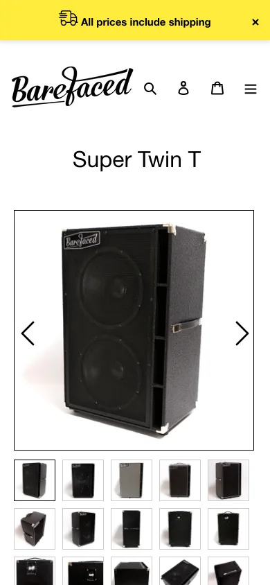 The live Super Twin T page on a phone. The logo, the title and a large photo gallery fill the first screen; no price is visible.