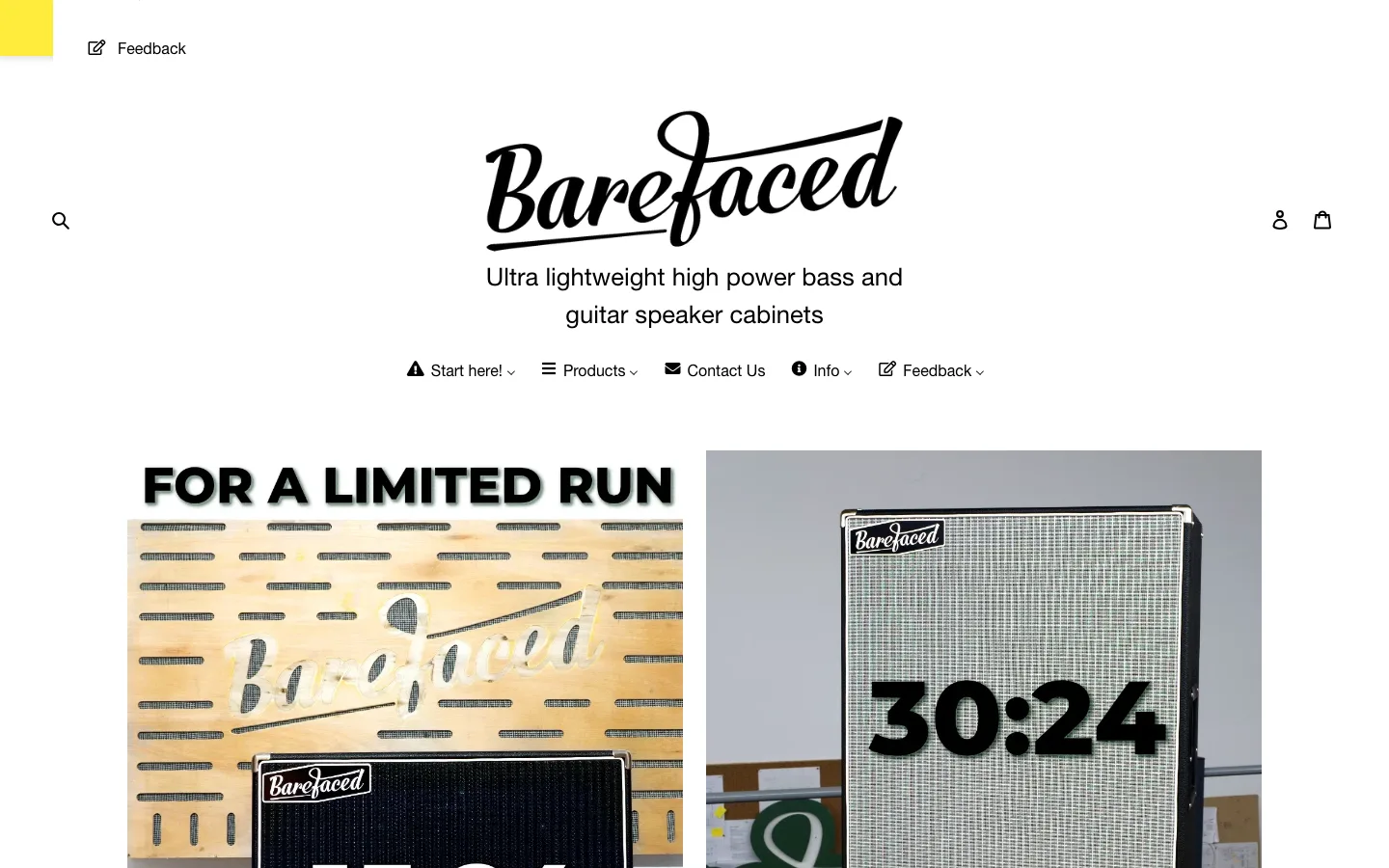 Barefaced Audio's live home page at desktop width: the script logo centred over the tagline and menu, and two large promotional tiles below.