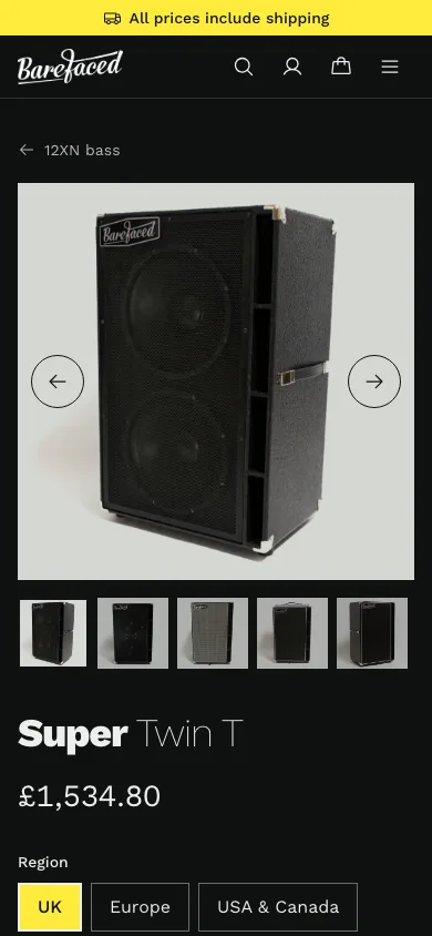 The concept's Super Twin T page on a phone in dark mode. The photo, the name, the UK price of £1,534.80 and the region choices are all on the first screen.