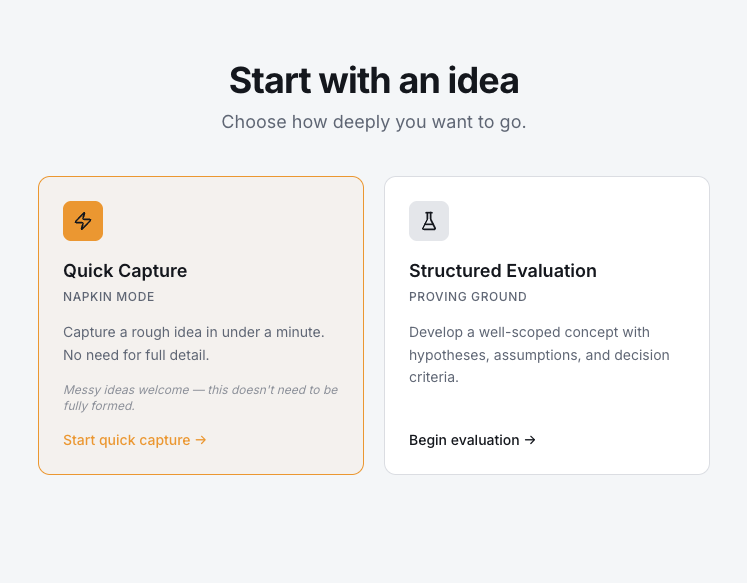 Capability Builder landing page showing two entry mode cards: Quick Capture and Structured Evaluation.