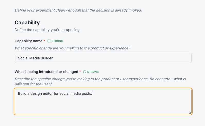 Define Your Experiment form with real-time STRONG validation indicators on capability name and description fields.