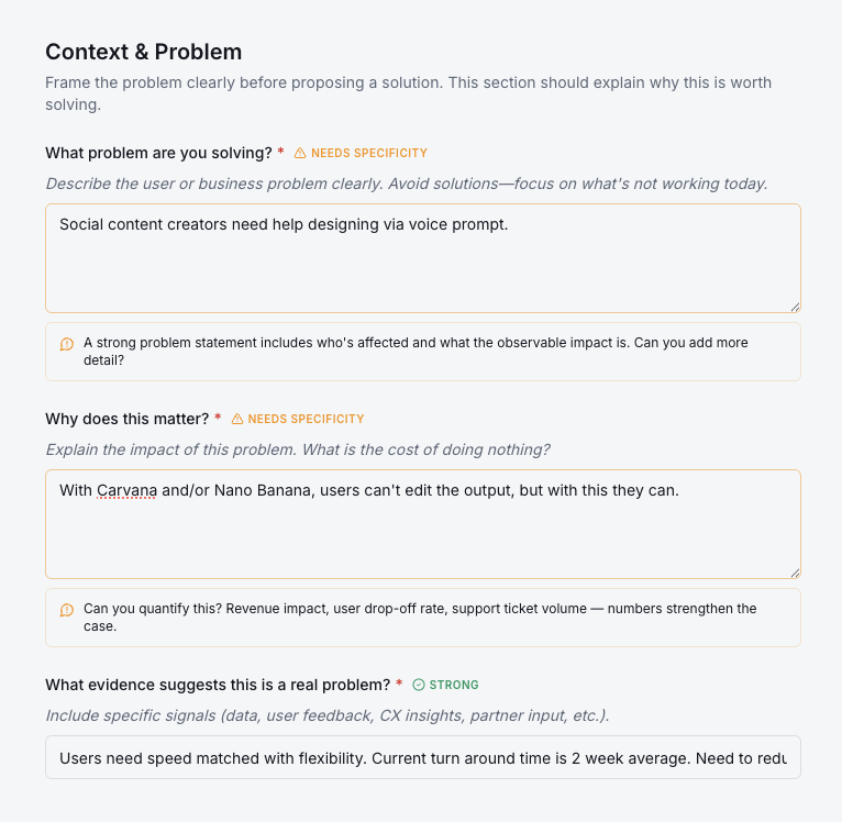 Context and Problem form showing NEEDS SPECIFICITY warnings on weak problem statements.