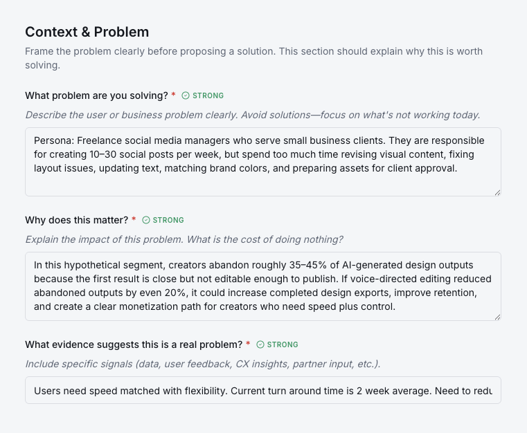 Context and Problem form showing STRONG indicators on detailed, specific problem statements.
