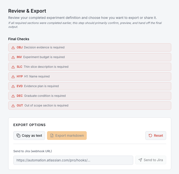 Review and Export step showing final checks list and export options including Copy as text, Markdown export, and Send to Jira.