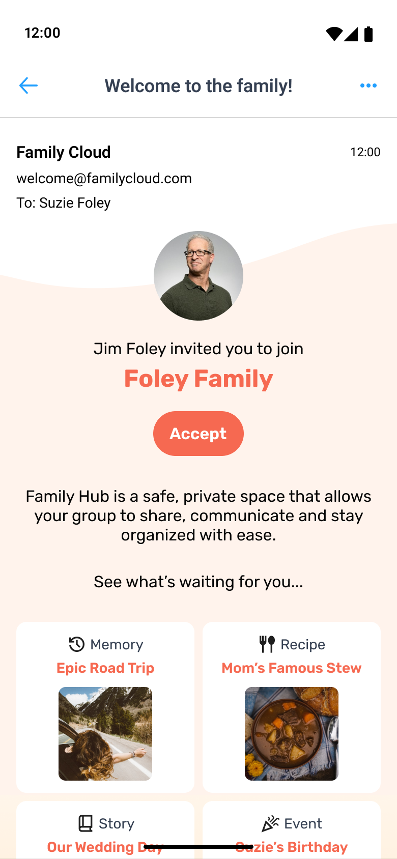 Family Hub invite screen showing a personal invitation from Jim Foley to join the Foley Family.