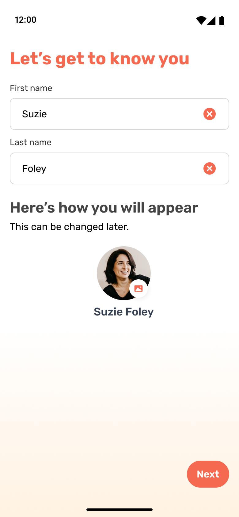 Profile setup screen with first and last name fields and avatar preview.
