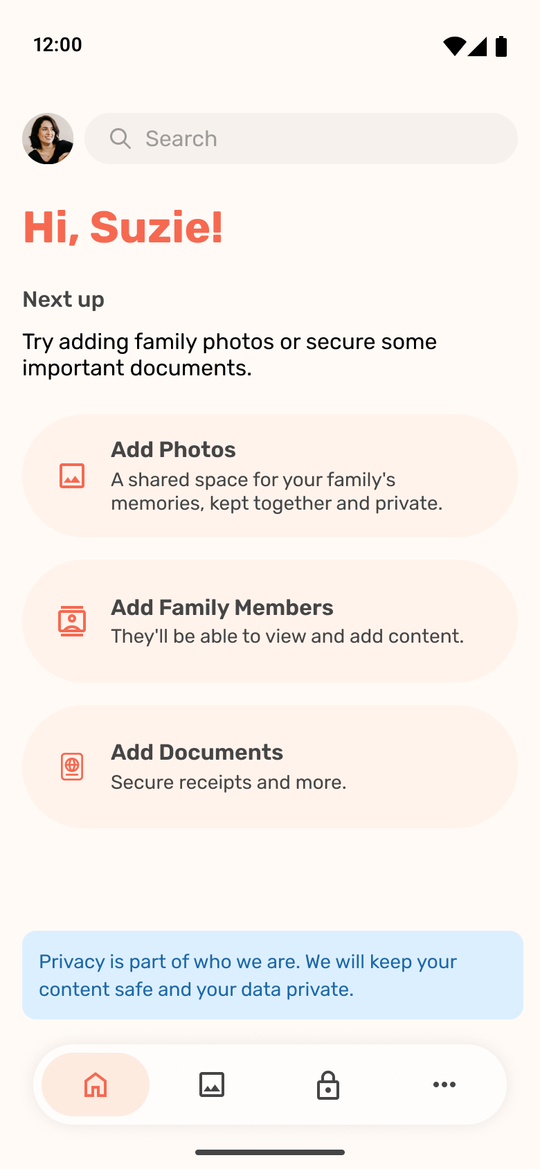 Home screen with Hi Suzie greeting and personalized next-step prompts to add photos, family members, and documents.