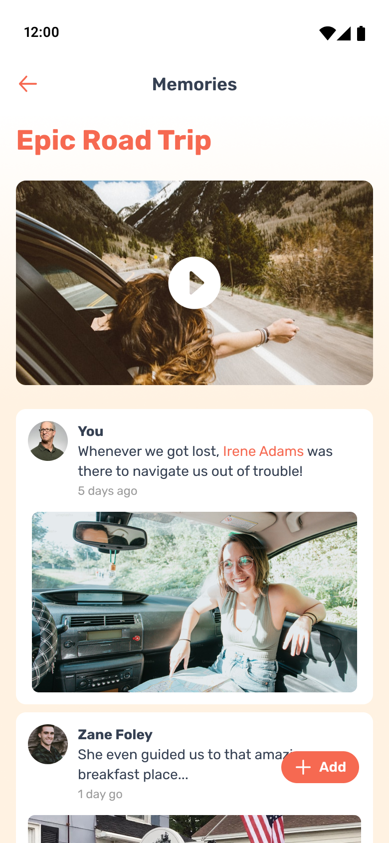 Epic Road Trip memory screen with shared video and family commentary.