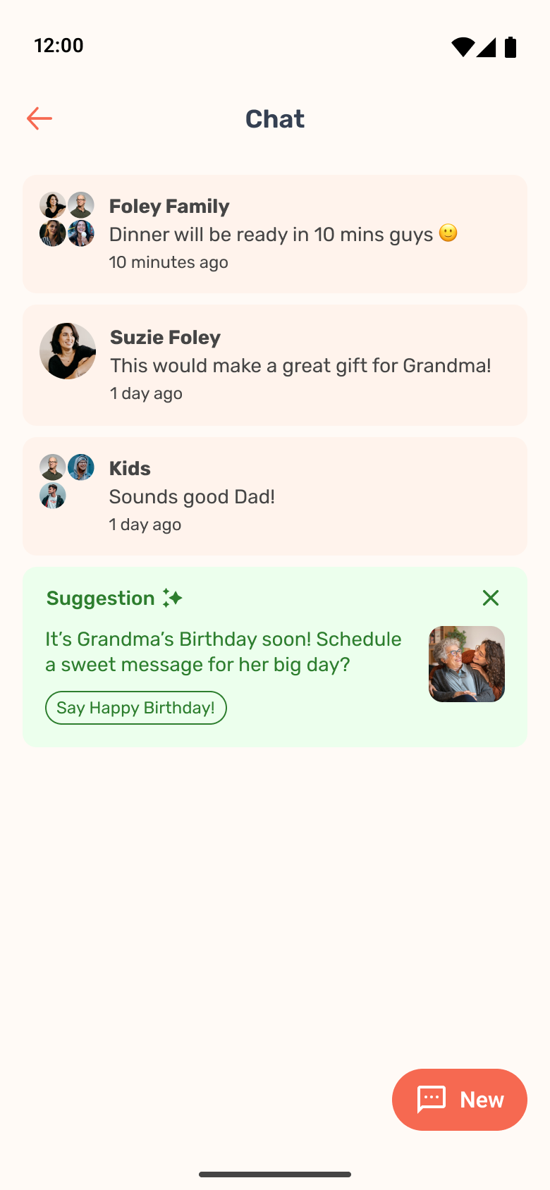 Chat screen with family threads and a contextual AI suggestion for Grandma's birthday.