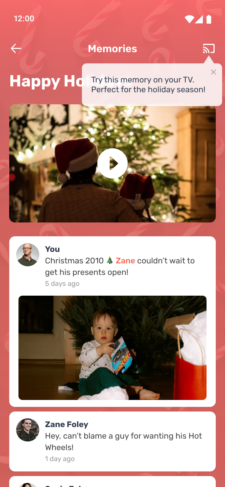 Happy Holidays memory screen with Cast-to-TV prompt.