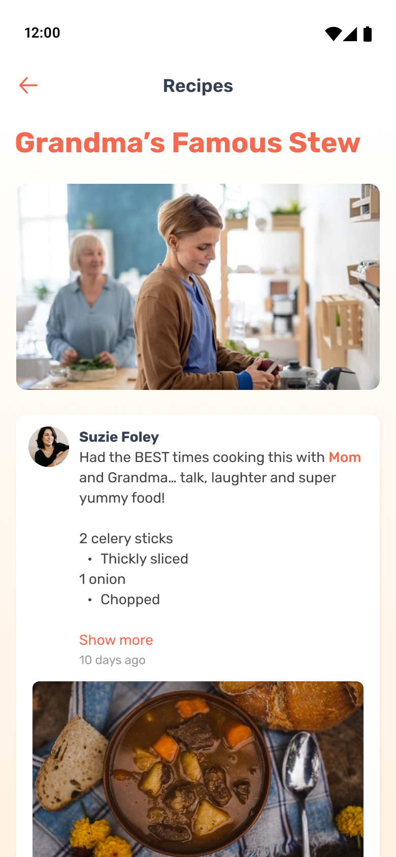 Grandma's Famous Stew recipe screen with shared notes and ingredients.