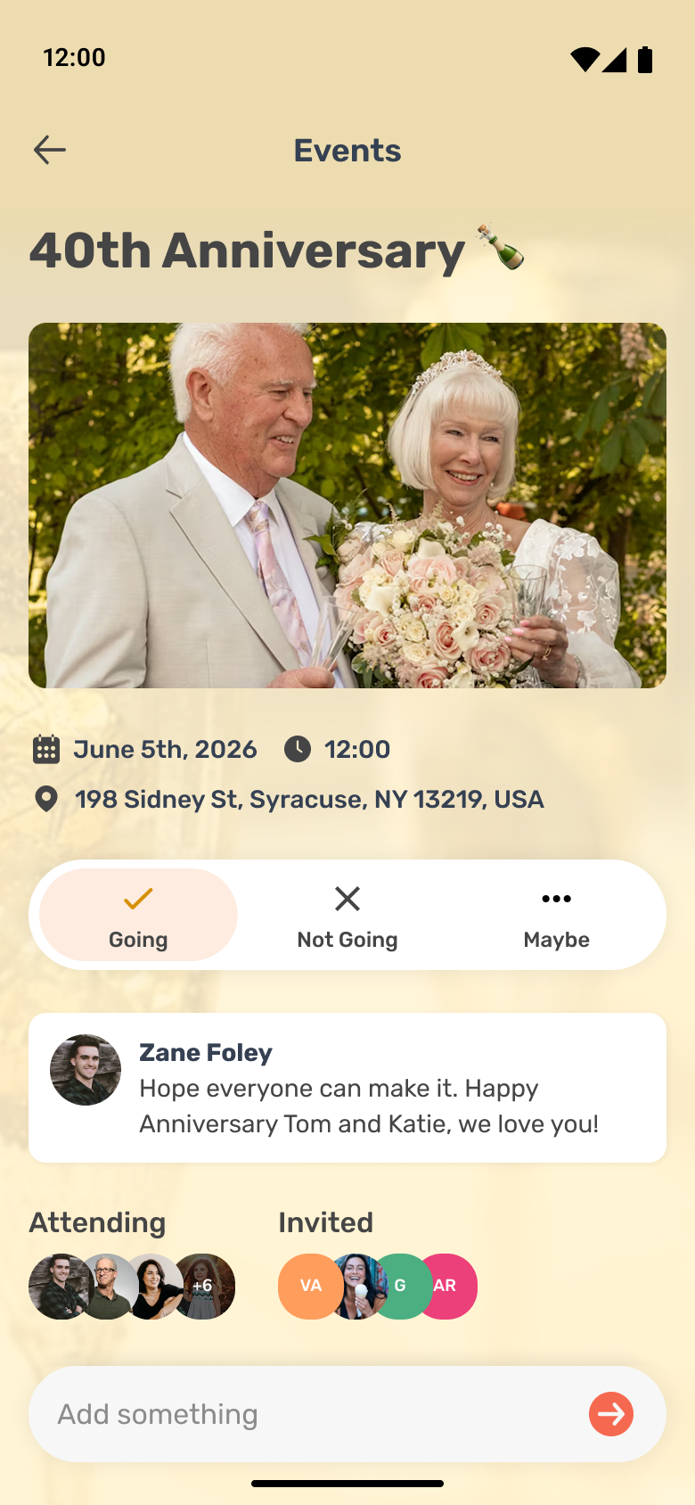 40th Anniversary event screen with photo, date, location, RSVP options, and attending family members.